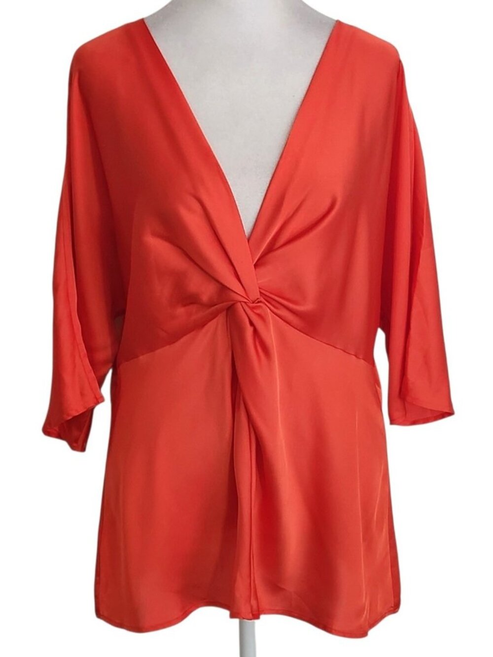 Ann Taylor Red Satin V-Neck Blouse with Twist Front  Size 12 Flaw